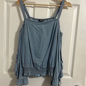 Express off shoulder blue denim long sleeve shirt